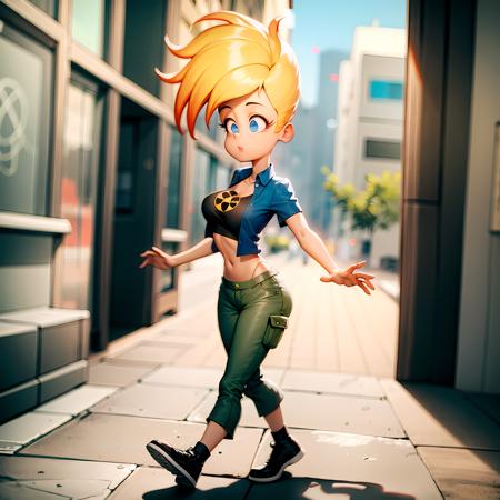 ((masterpiece, best quality)),(complex light),1girl, solo, full body, jenny test,<lora:JennyTest1-10_0608:0.6>,blonde hair,blue eyes, pants, midriff, black shirt, open shirt, short hair,  walking,