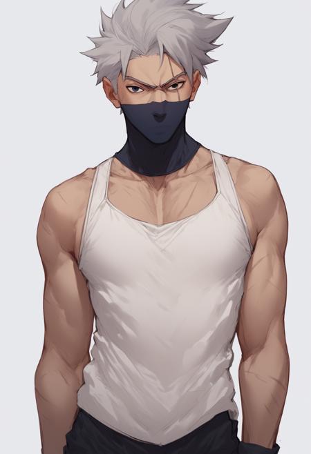 kakashi grey hair black eyes green flak jacket black ninja mask black forehead protector covering his left eye black shirt with red swirls black pants black ninja sandals black armored fingerless gloves scar across his left eye