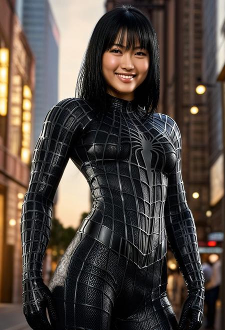 score_9, score_8_up, score_7_up, best quality, realistic, masterpiece, beautiful detail, hyperrealistic, cafe, ((1girl, woman body, huge breasts)), amazing detailed full body portrait of a beautiful japanese girl, wearing a realistic and highly detailed black raimi spider-man suit, ((huge muscular girl)), professional model wears ultra - detailed and grained black raimi spider - man suit, suit covered entire body and hand, spiderman gloves, wet, (full body), (happy pose), close up, cute smile, black hair, octane render, highly detailed, volumetric, dramatic lighting, (highest quality:1.1), (HDR:1.3), (top quality, best quality), realistic, high definition, Expressionism - sharp focus, professional photography, masterpiece, ultra detailed photograph, high quality, 8k,