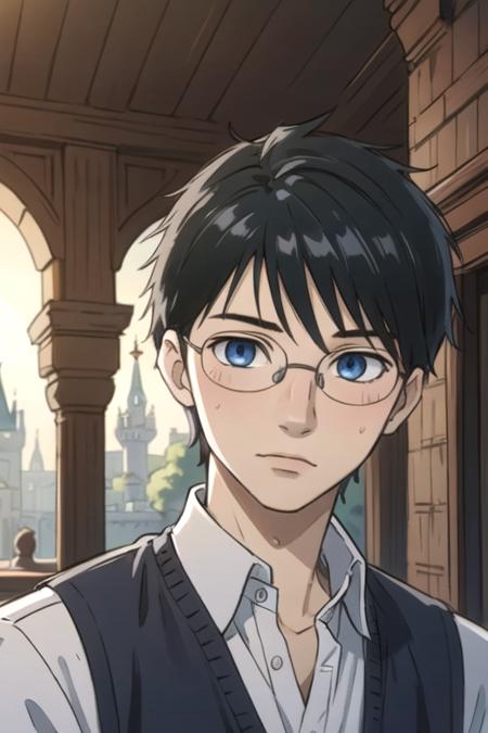 masterpiece, best quality, sketch, 1boy, solo, male focus, looking at viewer, upper body, depth of field, <lora:arata_wataya:0.68>, arata_wataya, black hair, blue eyes, glasses, , , A magical kingdom where everything is perfect and everyone is happy, 12k resolution