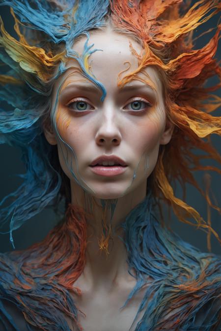 psychedelic style masterpiece, best quality, highly detailed, (photorealistic:1.4), (full body shot), (full body view), 1girl, mature adult, (clothing made out of ultra-thin transparent see-through invisible fabric:2.5), collar, close-up, arabic, (looking at viewer), large breasts, winged valkyrie, art by agnes cecile and agostino arrivabene and alberto dros . vibrant colors, swirling patterns, abstract forms, surreal, trippy