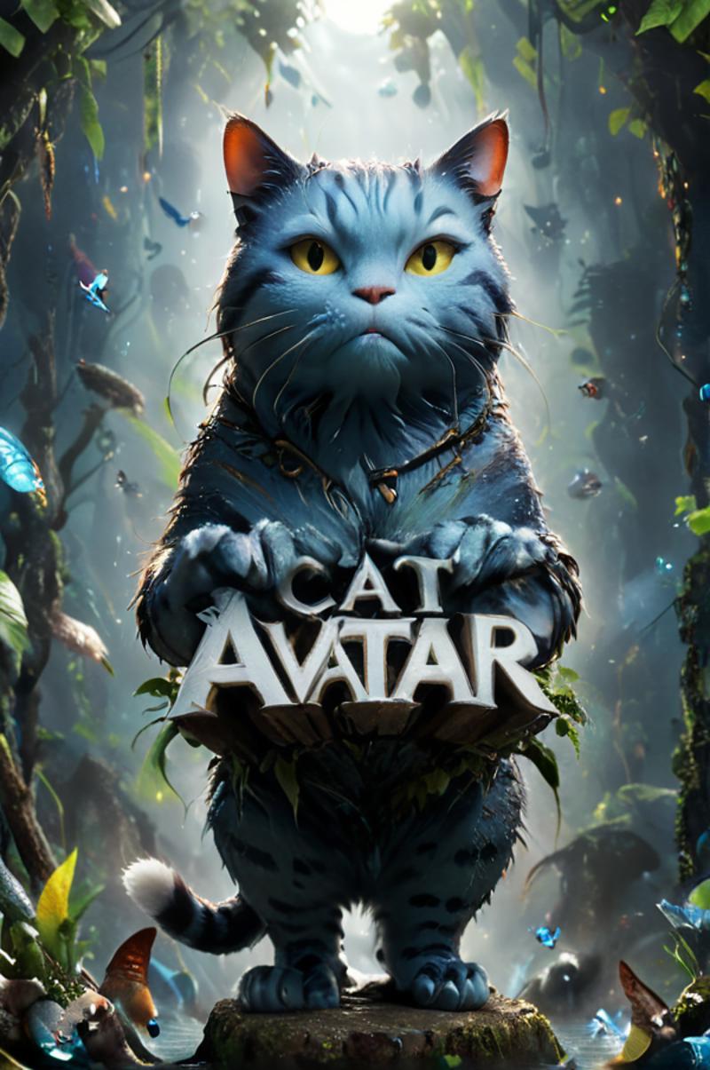 A blue cat with yellow eyes in a fantasy forest.