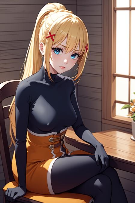 1girl, solo, lalatina,
blonde hair, ponytail, x hair ornament,
blue eyes, looking at viewer,
dot nose,
bodysuit, black bodysuit, orange battleskirt,
indoors, inn, fantasy, medieval, sitting, sitting on chair,
<lora:Lalatina - Konosuba v1.1:1>