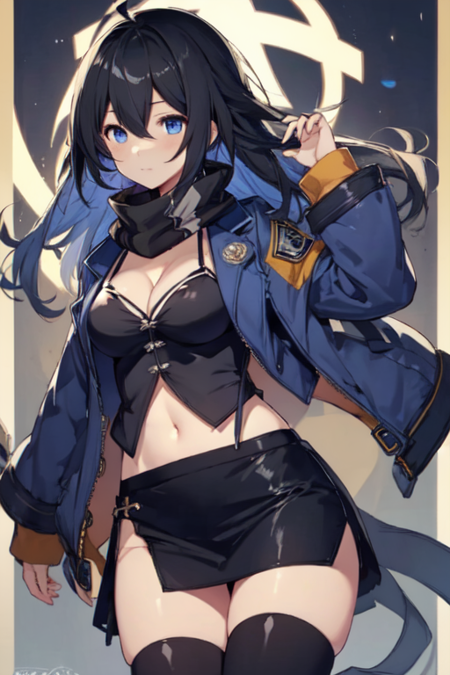 SeeleGGZ, 1girl, solo, blue eyes, medium breasts, navel, long hair, black hair, blue hair, scarf, ahoge, black skirt, thighhighs, cleavage, two-tone hair, hair between eyes, long sleeves, open clothes, miniskirt, midriff, chest tattoo, blue jacket, 