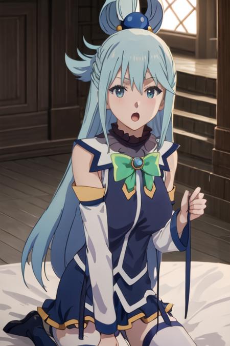 best quality, masterpiece, highres, solo, {aqua_konosuba:1.15}, long_hair, blue_hair, hair_ornament, hair_rings, blue_eyes, open_mouth, bow, green_bow, single_hair_ring, 1girl, dark, no_humans, monochrome