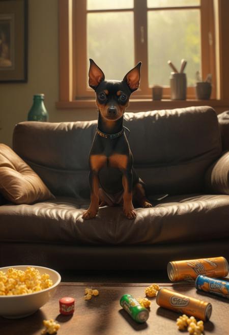 In a hyper-realistic living room, a chubby brown Miniature Pinscher lounges lazily on a well-worn sofa, exuding an air of comfort and relaxation. The room is softly illuminated by the warm glow of wood fire, casting gentle shadows that enhance the details of the space.
The Miniature Pinscher's belly is noticeably round, spilling slightly over its waistband, giving it an endearing, relatable quality. Its brown fur is depicted with incredible detail; each individual hair is visible, showcasing a rich palette of deep browns and soft browns, with the occasional hint of gray around its mouth and cheeks—signs of its middle age. The Miniature Pinscher's eyes sparkle with satisfaction as it holds a chilled can of IPA, condensation glistening on the surface, emphasizing the refreshing beverage's coldness.
The coffee table is cluttered with snacks: a mix of colorful candies, chips, and an open bag of popcorn, scattered across the surface and Miniature Pinscher's belly, creating a casual, lived-in vibe. The television in the background is playing a classic scene from "beverly hills chihuahua" with familiar characters and vibrant animations flashing across the screen.
A window reveals the soft glow of twilight outside, with the last rays of sunlight filtering in, adding a warm hue to the entire room, as if time has paused in this cozy moment.
This scene captures Miniature Pinscher in a charming and relatable moment, portraying a delightful and realistic side of the beloved character.