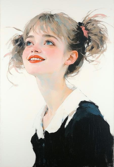 A cherubic 25 year old woman with windblown ash-blonde pigtails and blunt bangs obscuring her brows gazes warmly from an intimate, upward angle, her coral lips parted in a shy, blushing smile. Rendered in oil’s lush impasto with Yoshitomo Nara’s tender whimsy and Monet’s hazy pastels—blush pinks bleed into powder blues across her velveteen cheeks. Diffused light caresses stray gilt hairs framing azure eyes, while faint indigo ink rivulets seep through the ivory backdrop, contrasting the crisp black dress matte folds.