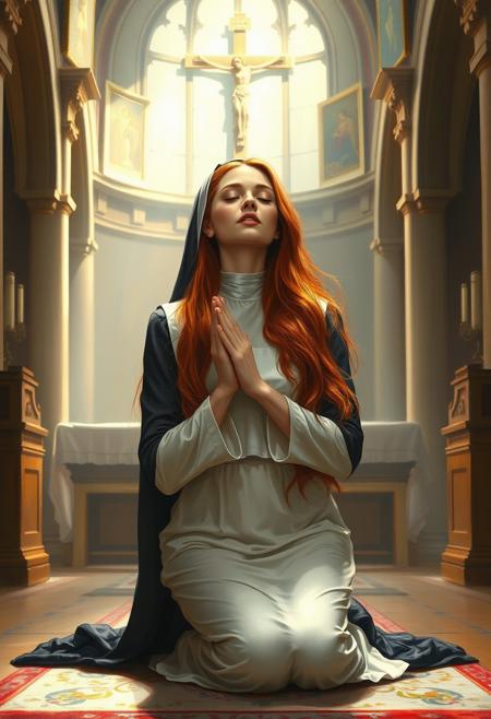 Painting of a  gorgeous nun praying in a church, kneeling, long flowing red hair, beautiful closed eyes, delicate features, long neck, habit, big breasts, curvy hips, tiny waist, slender, round ass, bright light, crucifix, altar, parted lips, hands together, praying pose