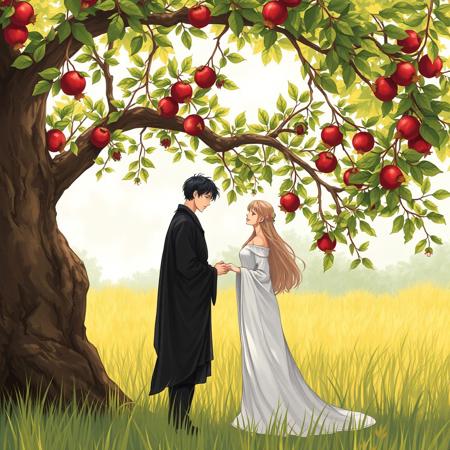 1woman, 1man, dark clothes on man, white clothes on woman, under pomegranate tree, meadow setting, Hades, Persephone, Greek gods, Anime, Nature, Autumn, Fall