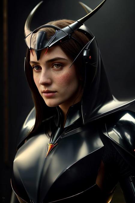 Pre-Raphaelite portrait of (beautiful face, long neck, slender arms)) armor, diadem, Mantis, greater stag beetle, crab, horns, glowing, detailed background, floating particles, darkness, scifi