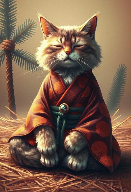 A cat made out of fir needles, The cat, is seated in a meditative pose, reminiscent of a Zen master. The cat is wearing a traditional Japanese-style kimono, featuring orange and maroon patterns. The kimono's details include an green obi (sash) and a decorative jewel-like stone on it. The cat's fur is fluffy and long, with a soft, delicate appearance. Its eyes are closed, giving a peaceful and serene expression. The cat's body is positioned in a relaxed, seated posture, with paws resting on its lap. It is centered in the image and facing the viewer directly. The background is a muted, earthy tone, with a depiction of hay or straw, creating a tranquil atmosphere. fir trees with rope are visible in the background, contributing to a rustic, serene setting. The lighting is soft and warm, highlighting the cat's features and the kimono's patterns. The overall style is artistic, with detailed brushstrokes and soft color blending. The image exudes a sense of calm and tranquility. fir needle style,