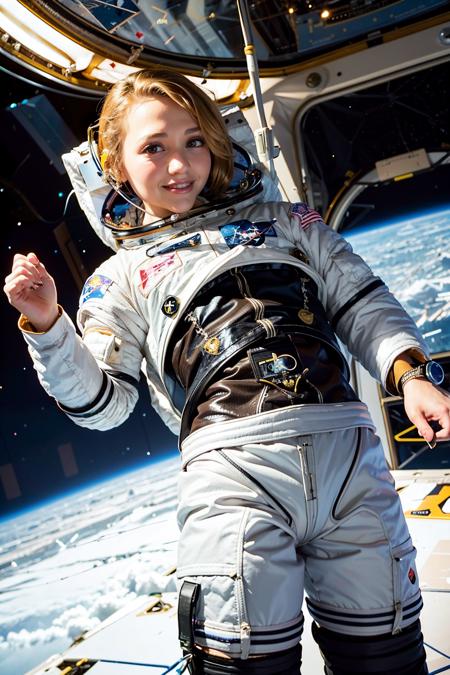 <lora:miamalkova:1> miamalkova, a woman, (wearing astronaut suit:1.5), smiling