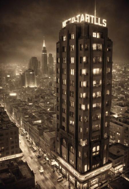 a masterful and gritty metaphysical metropolis theme, photorealistic, an art deco cityscape, night, vignette, uhd, 8k, sepia toned, intense lighting, award winning masterpiece, extremely detailed, detailed background, cinematic, complex and multidimensional lighting,  <lora:add-detail-xl:1>,frames,