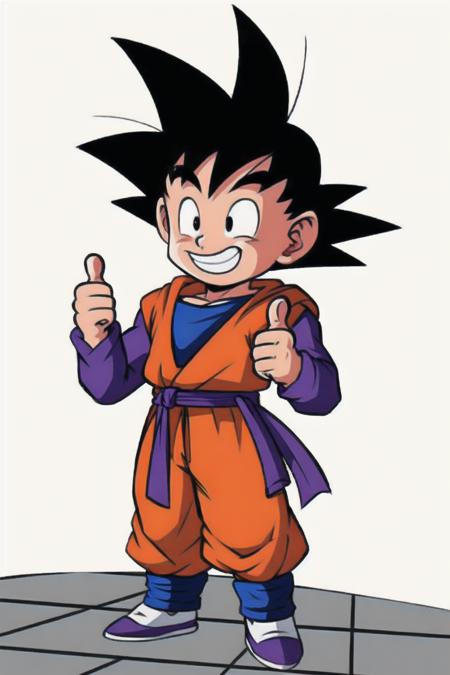 <lora:GotenV1:0.75>,gotenv1, spiked hair, black hair,cel shaded,European and American cartoons, original character design, hand-drawn drafts, 1boy, solo, grey_pants, male_focus, smile, shoes, pants, full_body, thumbs_up, sneakers, purple_footwear, standing, hood_down, clenched_hand, long_sleeves, grin, <lora:Animated characters:0.6>,<lora:GoodHands-vanilla:1>