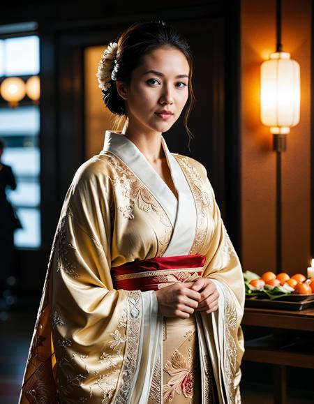 Realistic image of a beautiful woman, Asian woman, dark hair, <lora:Ai_Lotus:0.75>,,<lora:muromachi86:0.6>, Regal indoor court banquet, a lady-in-waiting standing beside a low lacquered table, silk gold-threaded kimono with phoenix embroidery, warm overhead lanterns casting patterned shadows, high-resolution detail on fabric texture. ,low light, soft natural light, Rembrandt style light, Hasselblad DLSR camera, 200mm Zeiss lens, f/2.8, ,Sexy pose, erotic pose, exhibitionism, ,A bustling airport terminal with travelers and luggage carts