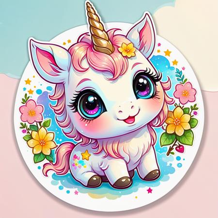 <lora:SDXLCutePets:1> cutepets, an adorable baby unicorn, kawaii, high quality, digital art illustration, sticker art