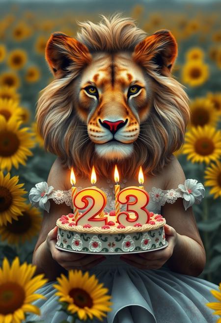 ((close-up)), 23, 23yo, A beautiful (anthropomorphic happy lioness:1.25), (lioness face), wearing a beautiful detailed dress and holding a birthday cake (with two lit candles in the shape of the number 23), in a field of sunflowers, masterpiece, high quality, 80s Dark fantasty style,8k, 4k, HD, detailed, realistic, full shot,