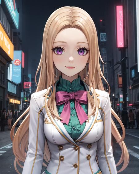 best quality, (masterpiece:1.2), illustration, absurdres,   
(1girl), (solo), (beautiful detailed girl), (upper body, portrait), 
<lora:Lucy-08:0.8>, blond hair, long hair, swept bangs, forehead, purple eyes, medium breasts,
white suit, green undershirt, green frills, white miniskirt, pink ribbon, black_pantyhose, high heels,
looking at viewer, smile,
city street, modern city, neon lights, night, (cyberpunk:0.8),,