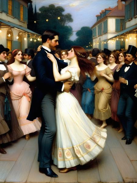 <lora:07RomanticismArt_Hap_XL:3.2>, John William Waterhouse styleï¼ dance, crowd, outdoor, social gathering, evening, lights, festive, impressionism, people, couples, movement, lively, colorful, celebration, French, 19th century, artistic, party, joyful, classic art,