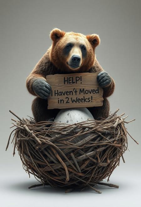 "Create a hyper-realistic image of a bear perched on a massive egg in a giant nest of intricately woven sticks. The bear's fur is rumpled, its expression comically distressed. It holds a wooden sign with the message 'Help! I Haven't Moved In 2 Weeks!' scrawled in crude handwriting. The egg, speckled and rough, towers beneath the bear, while the nest's sturdy sticks and twigs seem to be the only thing keeping the bear from tumbling off. The atmosphere is one of absurdity and humor." Octane render, Highest-Quality, 8 k, intricate details, visually stunning, Masterpiece