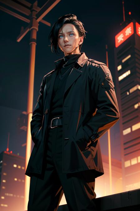 ((ultra detailed, masterpiece, best quality))
 <lora:CyberSandayuOda:0.8>
CyberSandayuOda, 1boy, solo, black hair, blue eyes, handsome, muscular, On a high-rise rooftop, sharp black trench coat, city lights below, hands in pockets with a mysterious gaze into the distance