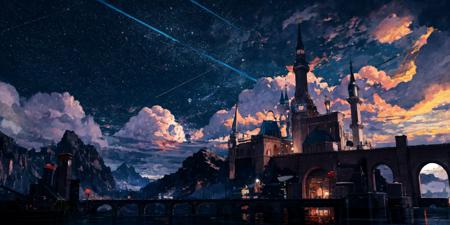 (masterpiece:1.2), best quality,fantasy,
Night scene, scenery, sky, cloud, no humans, night, star (sky), outdoors, tower, building, fantasy, starry sky, night sky, water, cloudy sky, city
 <lora:UE_20230717224732-000003:0.6>