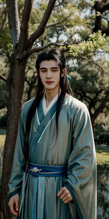 masterpiece, best quality,4k,8k,highres,ultra-detailed,1boy,handsome, young,  black hair, long hair, chinese clothes, open eyes, hanfu, standing, looking at viewer, smile, shining, red ribbon, solo, in tree, outdoors, tree, <lora:gufeng_v2:0.65>