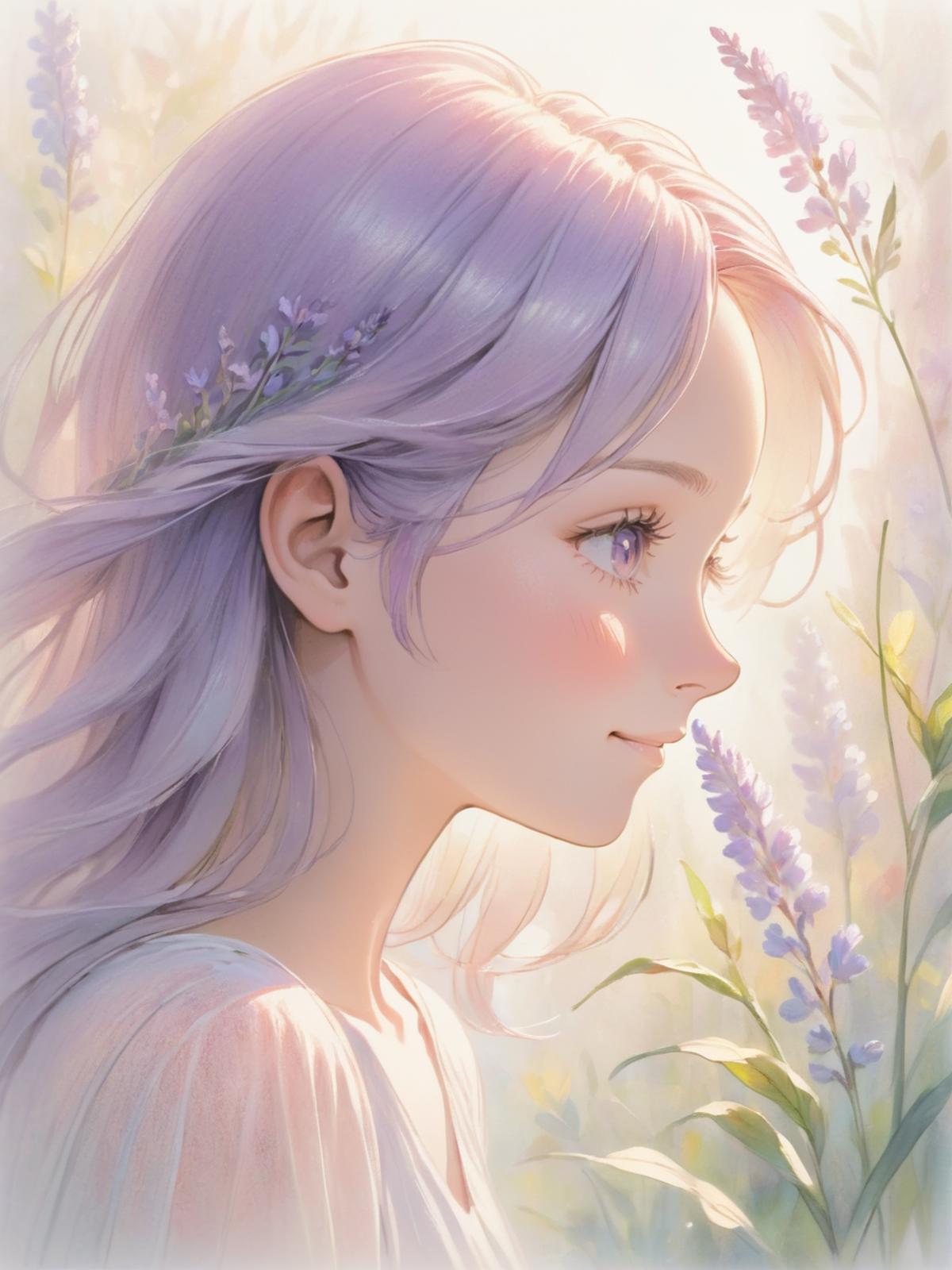 A beautiful young woman with purple hair and a pink nose, surrounded by flowers.