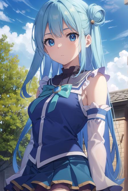 konosubaaqua, <lora:konosuba aqua movie-lora-nochekaiser:1>, 
aqua, long hair, blue eyes, hair ornament, very long hair, blue hair, hair rings, single hair ring, hair bobbles,
BREAK skirt, shirt, thighhighs, bare shoulders, detached sleeves, white thighhighs, blue skirt, blue shirt, green bow,
BREAK outdoor, forest, nature, trees, village, sky, sun, clouds,
BREAK looking at viewer, (cowboy shot:1.5),
BREAK <lyco:GoodHands-beta2:1>, (masterpiece:1.2), best quality, high resolution, unity 8k wallpaper, (illustration:0.8), (beautiful detailed eyes:1.6), extremely detailed face, perfect lighting, extremely detailed CG, (perfect hands, perfect anatomy),