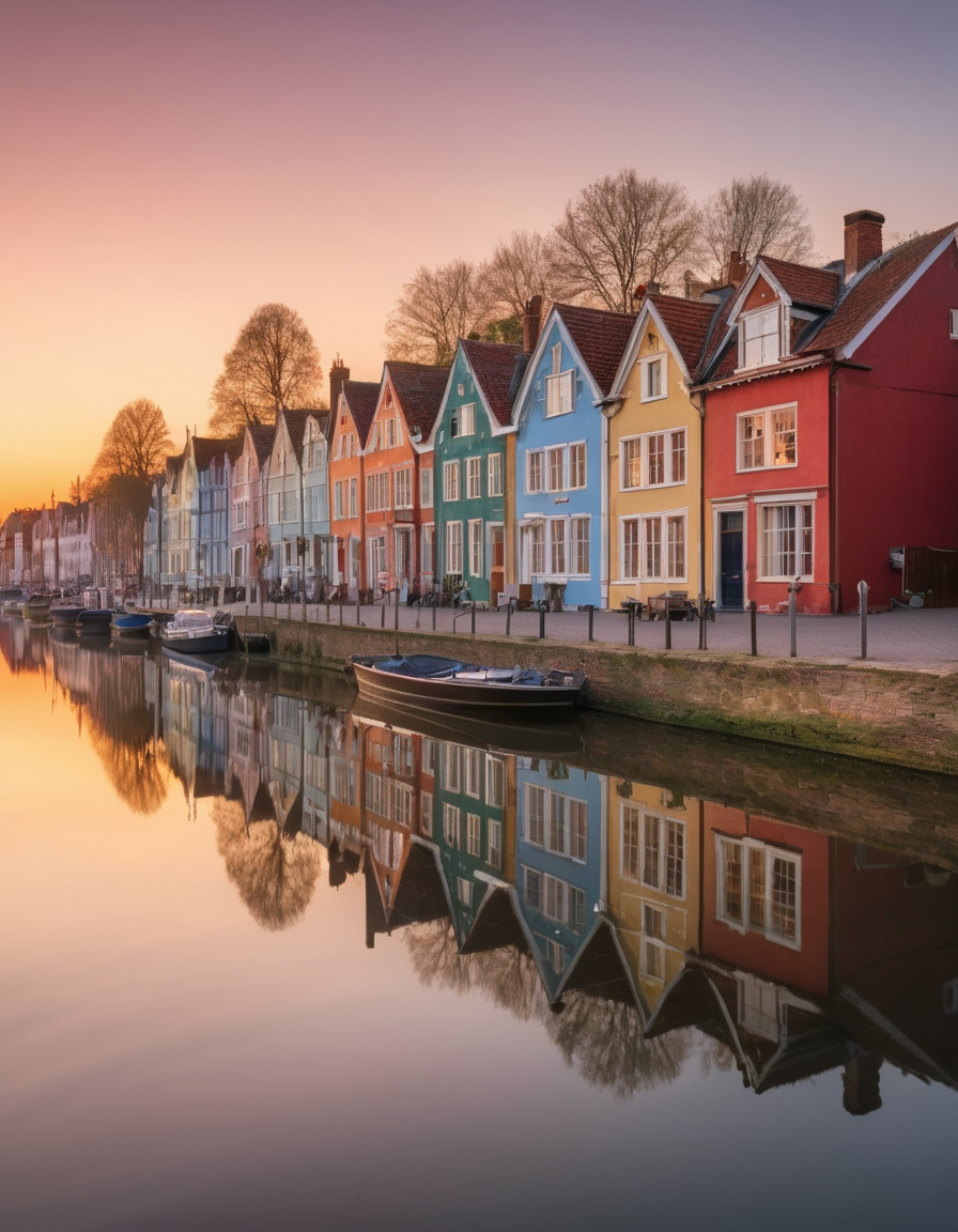 A photo of (colorful houses:1.3) bathed in (sunset light:1.2), showcasing vibrant hues, juxtaposed against a serene, (crys...