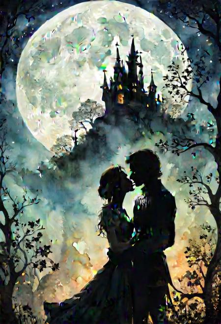 silhouette "a man and a woman":1.4  kissing in front of a full moon,
A silhouette of a castle is floating over the upper part of moon. Silhouettes of close up trees and flowers around the canvas. fairytale artwork, watercolor effect, in front of a pale full moon, still from a music video, grasping intricate filigree, or perhaps a fairy tale,realms, featured art, anthropomorphic. Splash effect in the background. masterpiece.