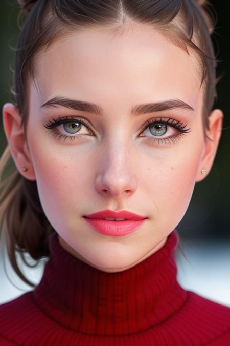 photo of a woman, emmarob:0.99, ((pale skin)), ((hair up, hair in bun, dark brown hair):1.2)((turtleneck sweater):1.2),((closeup, portrait)),((outdoors, snow, city):1.2),,((red lipstick, eyeliner, eye shadow, blush):1.2), ((best quality, masterpiece, extreme details, high resolution):1.2),((detailed eyes, beautiful eyes, detailed face, beautiful face):1.2), photo of the most beautiful artwork in the world, professional majestic (photography by Steve McCurry), 8k uhd, dslr, soft lighting, high quality, film grain, Fujifilm XT3 sharp focus, f 5.6, High Detail, Sharp focus, dramatic