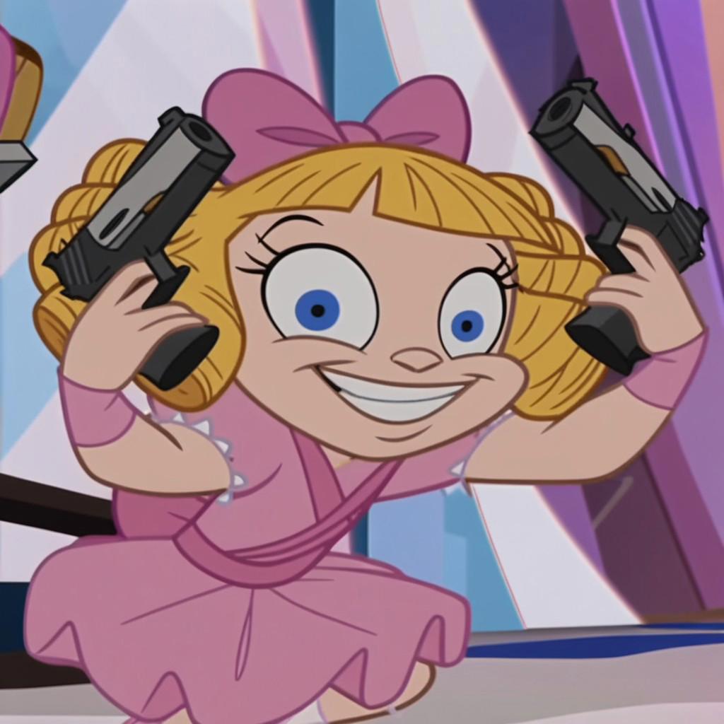 safe_pos,  Screencap, DarlaD, 1girl, blonde hair, blonde ringlets, blunt bangs, blue eyes, pink bow, pink leotard, pink tutu, light pink socks, socks, pink shoes, smiling at viewer, screenshot, official art, parody, cartoon footage, official design, screencap,  on_model, on model, cartoon screenshot, official screenshot, 2d, cartoon, source_cartoon, on-model, yandere, handgun, holding gun, holding weapon, dual wielding, finger on trigger, smile, grin, crazy eyes, cartoonish, detailed background, crouching