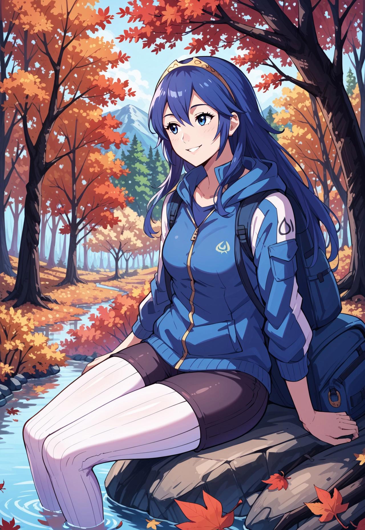 score_9, score_8_up, score_7_up, score_6_up, source_anime BREAK 1girl,  <lora:lucina-pdxl-nvwls-v1-000005:0.75> defLuci, long hair, tiara, ((wool leggings, cargo short shorts, zip up hoodie, Backpacking Backpack, backpack, sitting on rock, quarter view)),
outdoors,  looking up at leaves change, smile, detailed background, outdoors, forest, hiking trail, (autumn, trees, autumn leaves, nature, outdoors), 43stl1ght1ng, low light, dramatic lighting, water, reflection,