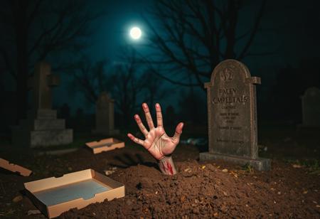graveyard at night, scary athmosphere, moonlight, grave, zombie hand pushing out from soil, empty open pizza boxes littered around grave