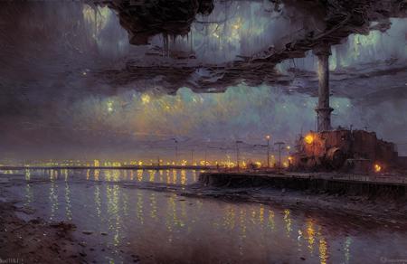 (impressionism:1.05), salt flat, Cliff/Bluff, industrialism, (jeremy mann:0.6), rural, a painting,scenery,scene painting, steampunk city scene,water,cloud,scenery,night, <lora:å·¥ä¸è¸æ±½:0.1>,