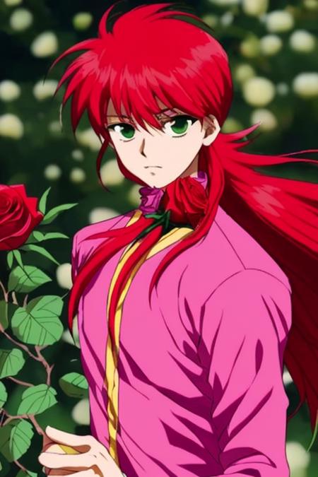 long hair,red hair,green eyes,Pink Martial Arts Costume long hair,red hair,green eyes, Purple Martial Clothes long hair,red hair,green eyes,Green martial arts uniform long hair,red hair,Yellow martial arts uniform with white sleeves,green eyes,  rose Holding a vine in hand