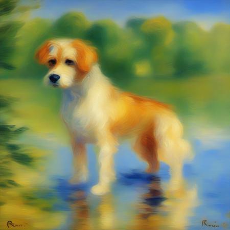 an impressionist painting of a dog by a lake in the style of Renoir <lora:impressionism:1>