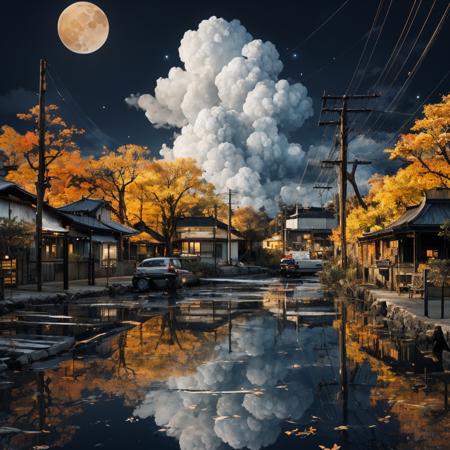 msaibo, no humans, cloud, reflection, tree, scenery, moon, sky, building, outdoors, leaf, autumn leaves, full moon, cloudy sky, power lines