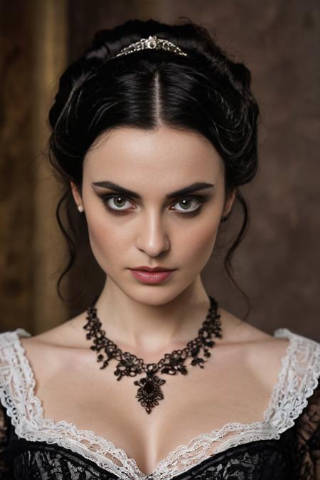 Face and Skin: Morgana has a fair complexion. Her face is characterized by a slightly angular jawline and high cheekbones.
Hair: She sports long, dark brown hair styled in loose waves. Her hair often falls around her shoulders, giving her a dramatic and somewhat mysterious look.
Eyes: Morgana's eyes are a deep, expressive brown, and they often have a slightly intense or thoughtful expression.
Eyebrows: Her eyebrows are well-defined and slightly arched, which accentuates her eye shape and adds to her overall dramatic appearance.
Clothing: Morgana's attire often consists of stylish and somewhat Gothic or Victorian-inspired clothing. She is typically seen wearing a dark-colored dress, which could include elements like lace or intricate patterns. She favors a look that combines elegance with a touch of edginess.
Accessories: She might wear subtle but stylish accessories that complement her outfit, such as a necklace or earrings.
Overall Style: Morgana has a refined, sophisticated style that leans towards the dramatic. Her look reflects a blend of elegance and mystery, fitting her character's background and personality.