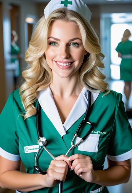 8K. UHD. (High details and aesthetics face:1.07), A beautiful blonde babe with white pantythose, blonde wavy hair until waist, green eyes, wide smile, breast, blue nurse uniform gown, lips, as a nurse who takes care of you for all night in a private hospital room, holding a stethoscope. (Professional illustration), Nurse POV, dynamic pose POV, full-body pose