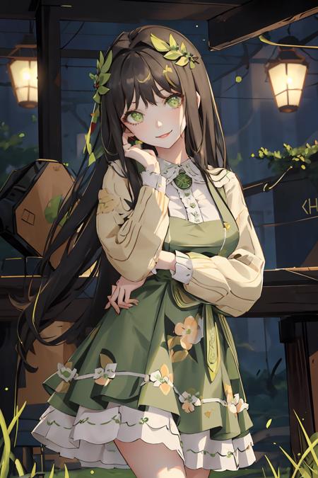 1girl, expressive eyes, portrait, sua, dress, green dress, hair ornament, sandals, (evil smile:1.3), (seductive smile:1.1), (crazy eyes:1.2), (wide-eyed:1.5), head tilt, (hands on own face:1.3), (sanpaku:1.3), grasslands background,  <lora:SuaERLora:0.7>