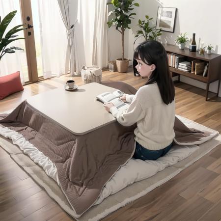 best quality, ultra-detailed, illustration,
kotatsu, 1girl, solo, black hair, book, reading, indoors, open book, long hair, plant, sitting, wooden floor, sweater, pillow, long sleeves, rug, 
<lora:JAPAN_Scenery_kotatsu_SD15_V2:1>