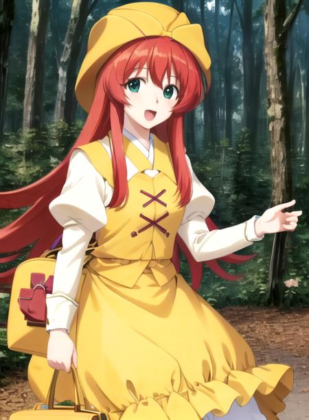 best quality, (masterpiece),(ultra-detailed), (high quality), (high resolution), <lora:francoise-10:0.7>,1girl, bag, forest, francoise, green eyes, green hair, hat, japanese clothes, long hair, looking at viewer, multicolored hair, object on head, open mouth, puffy sleeves, red hair, smile, solo