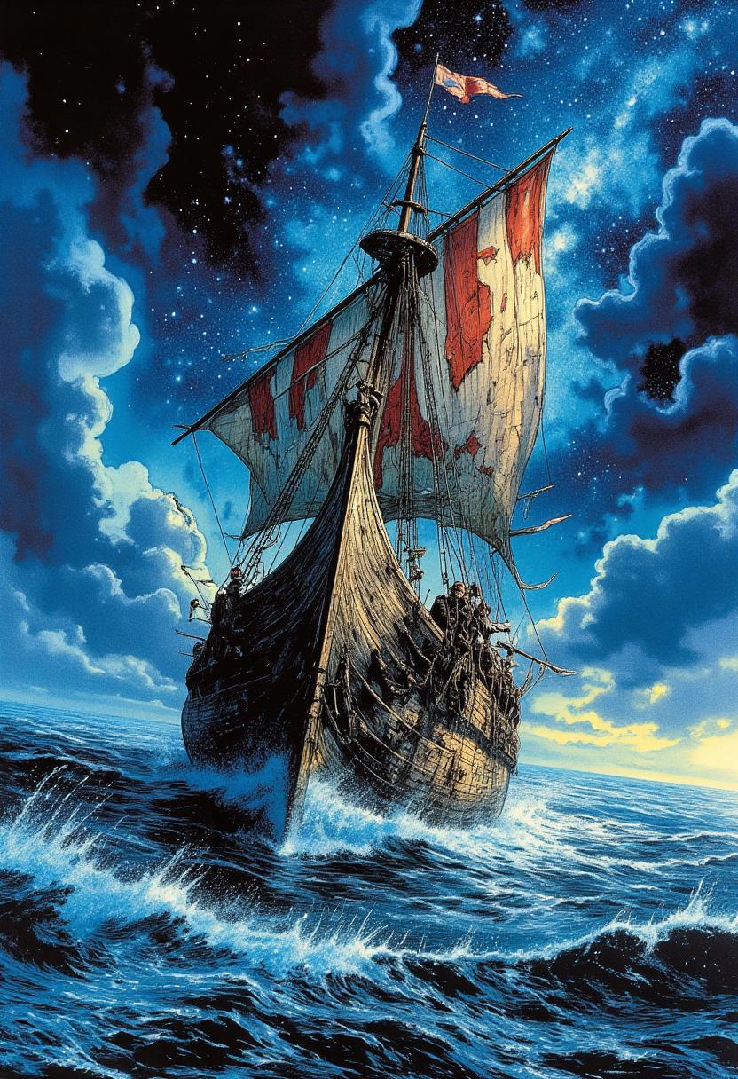 (comic book style) , a weathered Viking longboat sailing on an endless sea at night, illuminated by the Milky Way, surrounded by storm clouds, waves crashing over the bow, intricate details on sails and ship hull, photorealistic, epic scale. <lora:Vintage comic book:1.5><lora:787993780314927819:0>