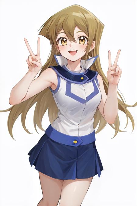 <lora:tenjouin asuka v2-15:1> masterpiece, best quality, portrait, 1girl, tenjouin asuka, duel academy uniform \(yu-gi-oh! gx\), long hair, smiling, open mouth, teeth, standing, white background, v, peace sign