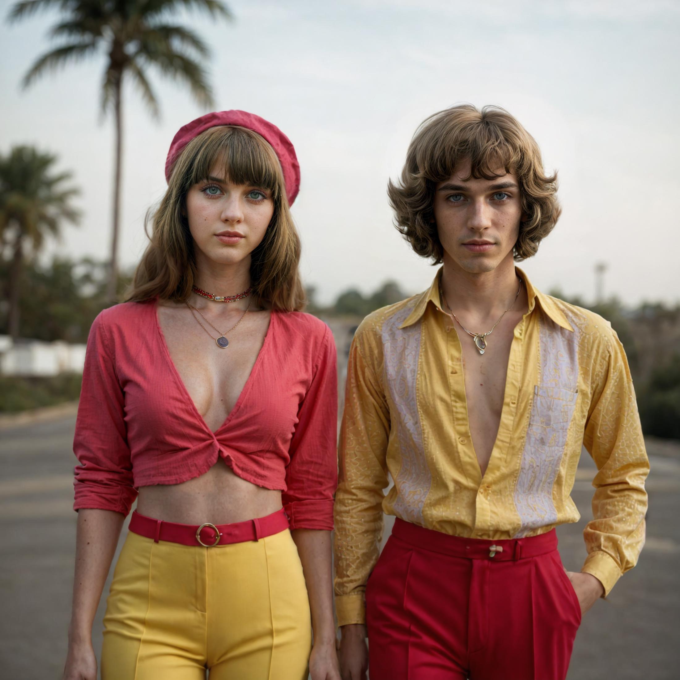 In the colorful 70s style, a man and a woman models adorned in 70's outfits, joy, fashion shoot, 70's atmosphere