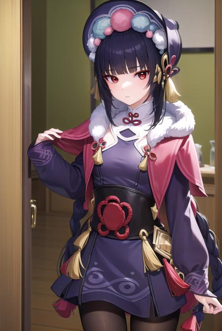 yunjin, <lora:yunjin-lora-nochekaiser:1>,
yun jin, black hair, blunt bangs, braid, eyeshadow, long hair, makeup, purple hair, (red eyes:1.5), red eyeshadow, (small breasts:1.2),
BREAK black footwear, boots, chinese clothes, fur trim, hat, knee boots, long sleeves, pantyhose, pom pom (clothes), purple pantyhose,
BREAK indoors, theater,
BREAK looking at viewer, (cowboy shot:1.5), upper body,
BREAK <lyco:GoodHands-beta2:1>, (masterpiece:1.2), best quality, high resolution, unity 8k wallpaper, (illustration:0.8), (beautiful detailed eyes:1.6), extremely detailed face, perfect lighting, extremely detailed CG, (perfect hands, perfect anatomy),