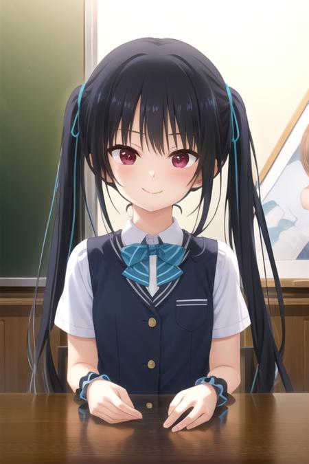 Seguchi Yayoi long hair,black hair,twintails,hair ribbon,red eyes sidelocks,school uniform,blue vest,wing collar,collared shirt,white shirt,blue bowtie,short sleeves,blue cuffs,medium breasts,blue skirt,pleated skirt,black socks,loafers