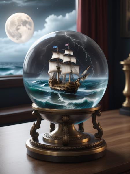 <lora:03realismPainting_Hap_XL:2.6>, realism American art painting oil painting,masterpiece,highly detailed, <lora:add-detail-xl:0.0001> ,<lora:hand 4:0.0001>,  A  glass sphere sculpture, concealed inside the sphere is a large Pirate Ship in a Lightning storm, large waves, in the dark, detailed image, 8k high quality detailed, the moon, shaped sphere, amazing wallpaper, digital painting highly detailed, 8k UHD detailed oil painting, beautiful art UHD, focus on full glass sphere, bokeh,  background Modifiers: extremely detailed Award winning photography, fantasy studio lighting, photorealistic very attractive beautiful imperial colours ultra detailed 3D, (Very Intricate),